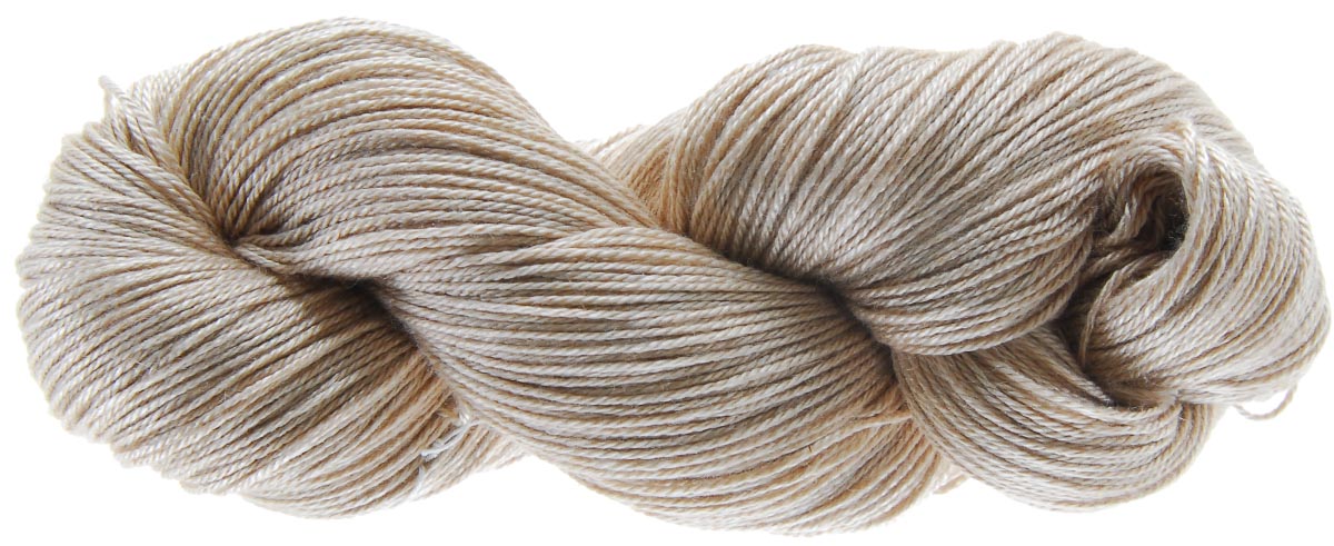 A single hank of Handmaiden Camelspin in Ecru, twisted for sale. Photo © Handmaiden Fine Yarns.